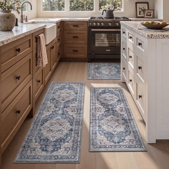 SIXHOME 3-Piece Kitchen Rugs and Runner Set Washable Vintage Kitchen Mat Non-Slip Low-Profile Rugs for Kitchen Sink Laundry Bedside 20"x32"+20"x48"+20"x59" Blue