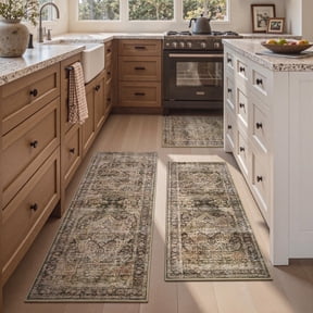 SIXHOME 3-Piece Kitchen Rugs and Runner Set Washable Vintage Kitchen Mat Non-Slip Low-Profile Rugs for Kitchen Sink Laundry Bedside 20"x32"+20"x48"+20"x59" Brown