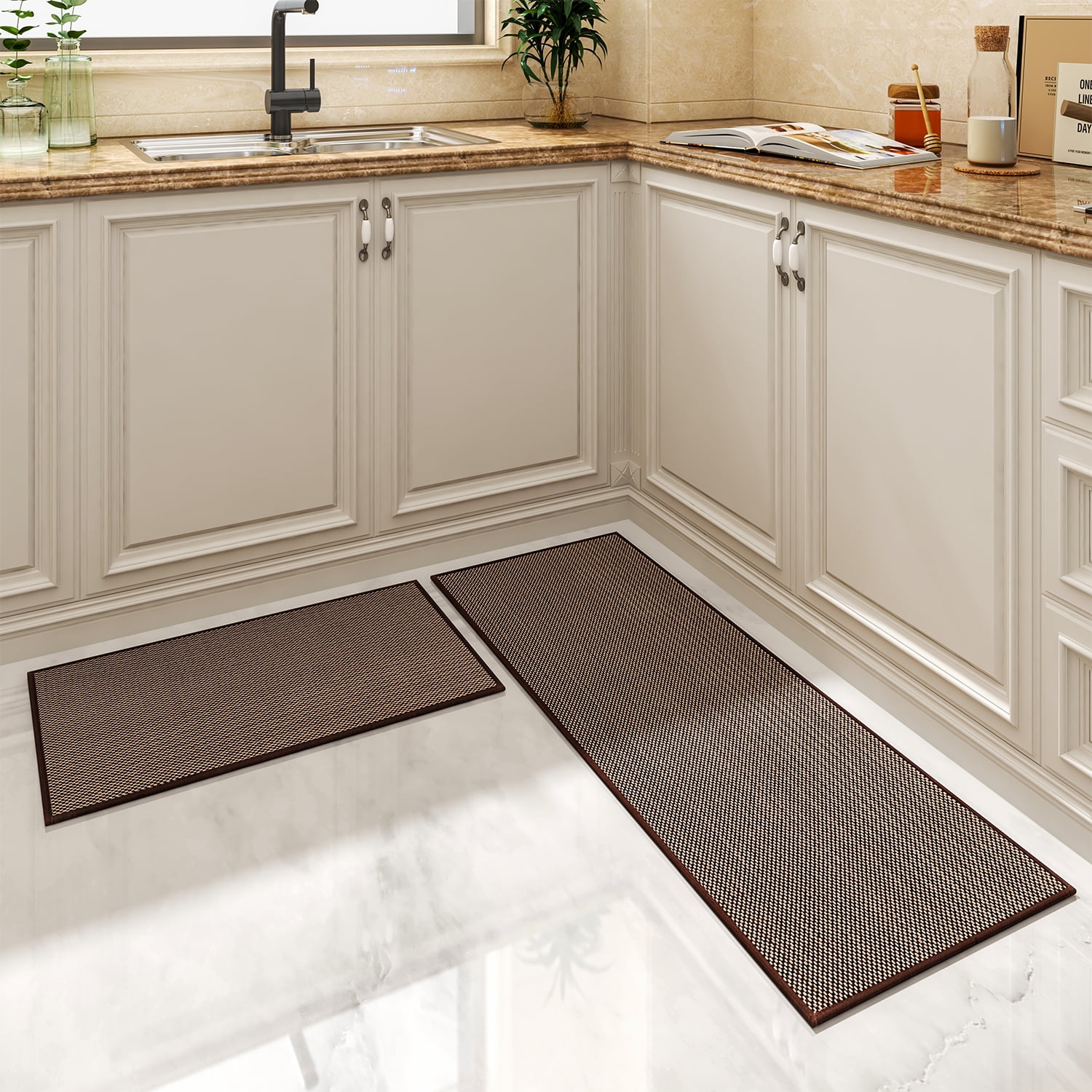 Kitchen Mat Faux Linen Kitchen Rug Non Skid Small Area Rug Rubber Backing  Rugs for Sink Front Absorbent Bathroom Rugs , Oatmeal 17*29in+17*47in 