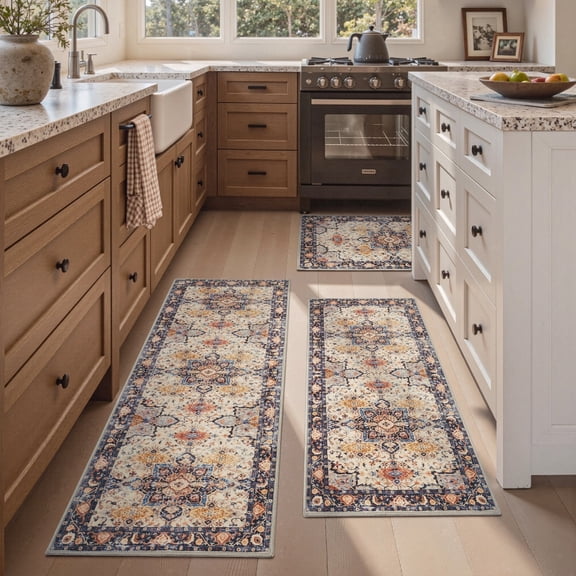 SIXHOME 3-Piece Kitchen Rugs and Runner Set Washable Vintage Kitchen Mat Non-Slip Low-Profile Rugs for Kitchen Sink Laundry Bedside 20"x32"+20"x48"+20"x59" Colorful