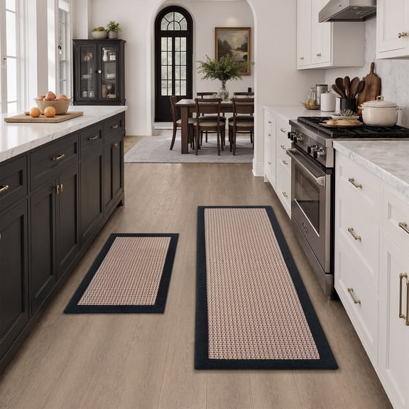 SIXHOME Kitchen Rugs and Mats 2 PCS Set 20"x32"+20"x48" Non Skid Washable Absorbent Rug Twill Decor Kitchen Floor Mats for in Front of Sink Black Brown
