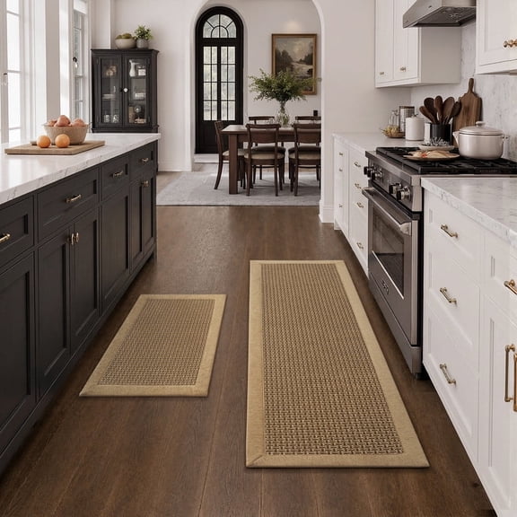 SIXHOME Kitchen Rugs and Mats 2 PCS Set 20"x32"+20"x48" Non Skid Washable Absorbent Rug Twill Decor Kitchen Floor Mats for in Front of Sink Brown Beige