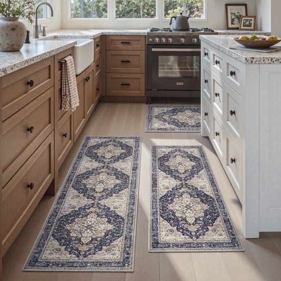SIXHOME 3-Piece Kitchen Rugs and Runner Set Washable Vintage Kitchen Mat Non-Slip Low-Profile Rugs for Kitchen Sink Laundry Bedside 20"x32"+20"x48"+20"x59" Dark Blue