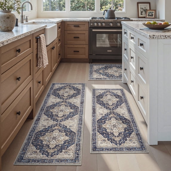 SIXHOME 3-Piece Kitchen Rugs and Runner Set Washable Vintage Kitchen Mat Non-Slip Low-Profile Rugs for Kitchen Sink Laundry Bedside 20"x32"+20"x48"+20"x59" Dark Blue