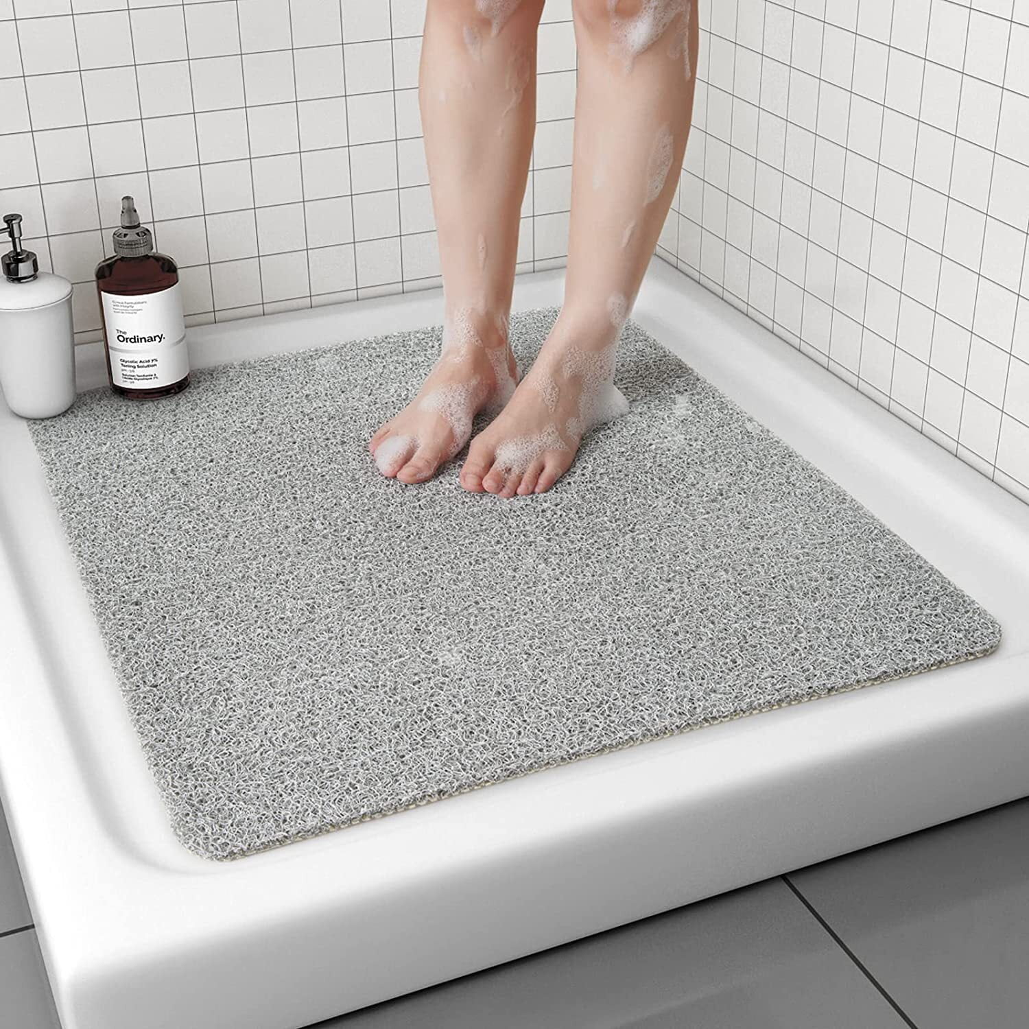 LuxStep Shower Mat Bathtub Mat,24x16 inch, Non-Slip Bath Mat with Drain,  Quick Drying PVC Loofah Bathmat for Tub,Shower,Bathroom (Phthalate  Free,Grey)