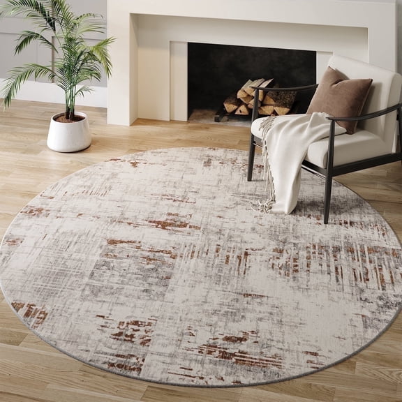 SIXHOME Modern Abstract Round Rugs for Living Room Washable Rugs 5Ft Circle Soft Neutral Carpet Rug for Bedroom Dining Room Office Aesthetic Home Decor Brown