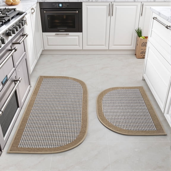 SIXHOME Kitchen Rugs Set 20" x 32" + 20" x 47" Semicircular Kitchen Mat Non-Slip Twill Kitchen Floor Mats Washable Half Circle Small Throw Rug Brown
