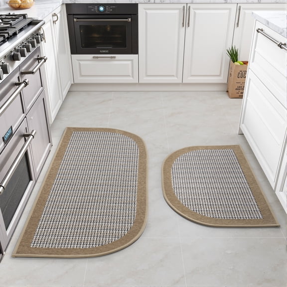 SIXHOME Kitchen Rugs Set 20" x 32" + 20" x 47" Semicircular Kitchen Mat Non-Slip Twill Kitchen Floor Mats Washable Half Circle Small Throw Rug Brown