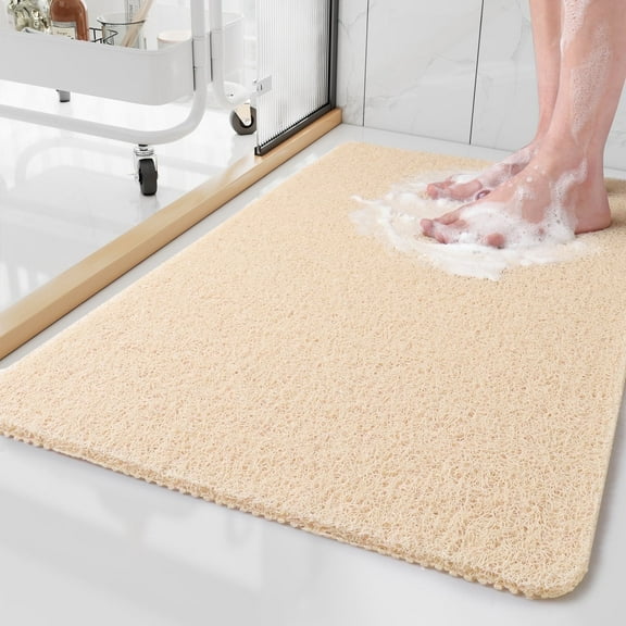 SIXHOME Non Slip Shower Mat 24"x35" PVC Loofah Shower Mats for Bathtub Quick Drying Shower Floor Mat with Comfortable Textured Surface Easy Cleaning Shower Mat for Shower Stall Beige