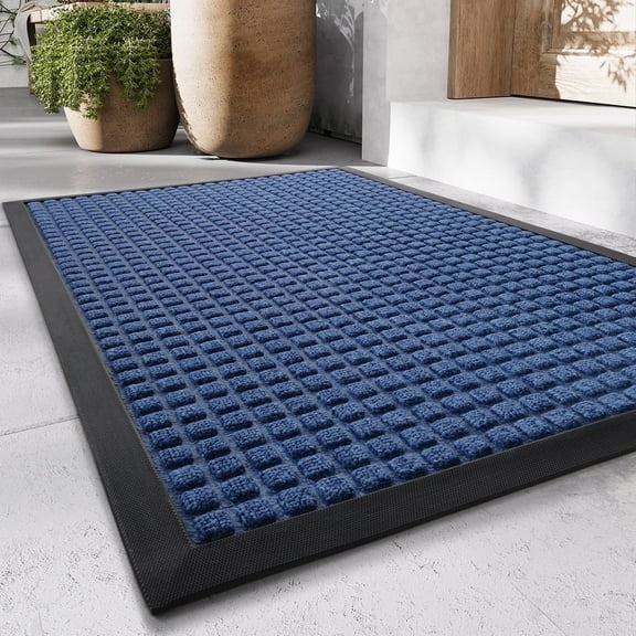 SIXHOME Outdoor Mat Non Slip Doormat 17"x30" Front Door Mat Outside Absorbent Rubber Welcome Mat Low Profile Dirt Trapper Indoor Outdoor Doormat Thicken Checker Entryway Rug Floor Mat Light Blue