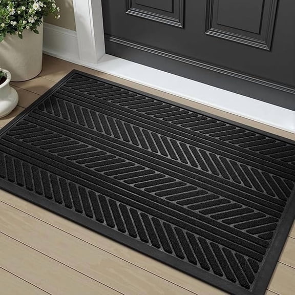 SIXHOME Outdoor Mat 17"x30" Non Slip Front Door Mat Outside Absorbent Rubber Welcome Mat Low Profile Dirt Trapper Indoor Outdoor Doormat Boho Geometric Door Mat Outside Thick Entryway Rug Black