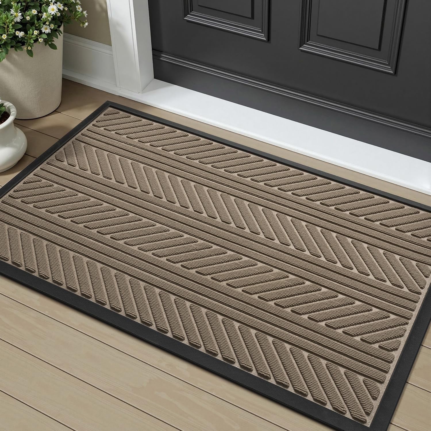 SIXHOME Outdoor Mat 17"x30" Non Slip Front Door Mat Outside Absorbent Rubber Welcome Mat Low Profile Dirt Trapper Indoor Outdoor Doormat Boho Geometric Door Mat Outside Thick Entryway Rug Beige