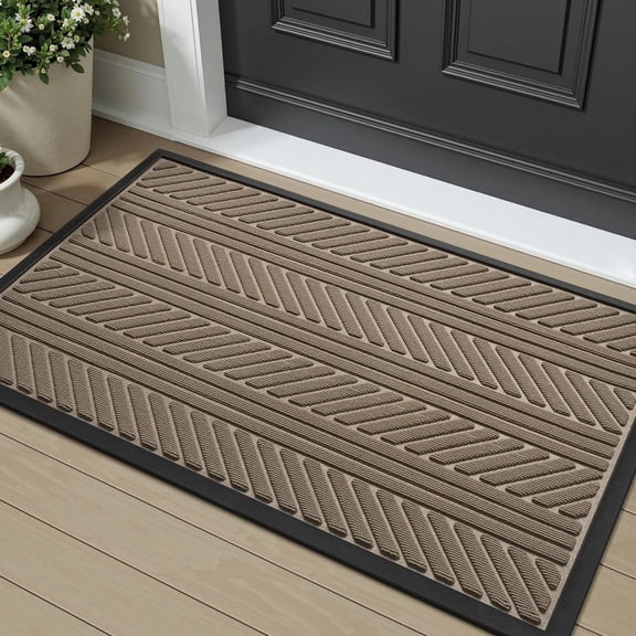 SIXHOME Outdoor Mat 17"x30" Non Slip Front Door Mat Outside Absorbent Rubber Welcome Mat Low Profile Dirt Trapper Indoor Outdoor Doormat Boho Geometric Door Mat Outside Thick Entryway Rug Beige