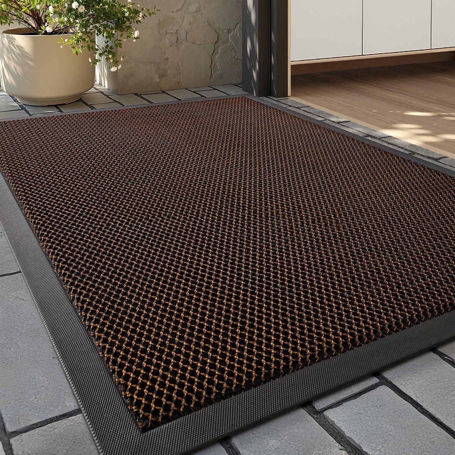SIXHOME Outdoor Mat 24"x47" Front Door Mat Non Slip Rubber Doormat Low Profile Welcome Mat for Outside Absorbent Dirt Trapper Outdoor Doormat with Elastic Mesh Surface Heavy Duty Floor Mat Brown