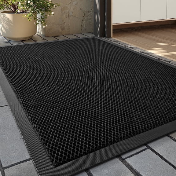 SIXHOME Outdoor Mat 17"x30" Front Door Mat Non Slip Rubber Doormat Low Profile Welcome Mat for Outside Absorbent Dirt Trapper Outdoor Doormat with Elastic Mesh Surface Heavy Duty Floor Mat Black