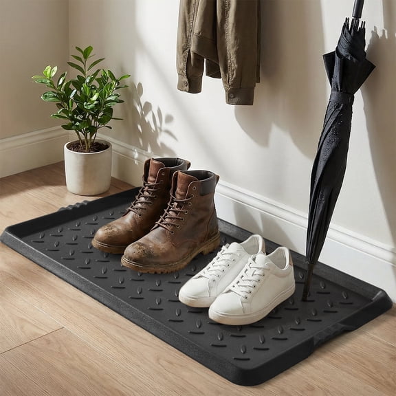 SIXHOME Heavy Duty Rubber Boot Tray Waterproof Non Slip Shoe Mat with Lip Durable Entryway Shoe Organizer Tray for Front Door Indoor Outdoor Muddy Shoes Storage 17“x27" Diamond Black