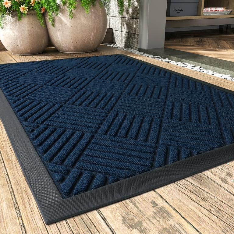 DEXI Door Mat Front Indoor Outdoor Doormat,Small Heavy Duty Rubber Outside  Floor Rug for Entryway Patio Waterproof Low-Profile,17x29,Navy Blue