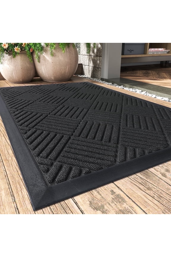 Outdoor Mat Non Slip Doormat 17"x30" Front Door Mat Outside Absorbent Rubber Welcome Mat Low Profile Dirt Trapper Indoor Outdoor Doormat Thicken Crosshatch Entryway Rug Floor Mat Black