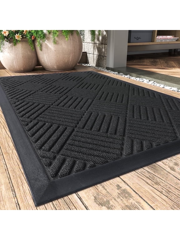 Outdoor Mat Non Slip Doormat 17"x30" Front Door Mat Outside Absorbent Rubber Welcome Mat Low Profile Dirt Trapper Indoor Outdoor Doormat Thicken Crosshatch Entryway Rug Floor Mat Black
