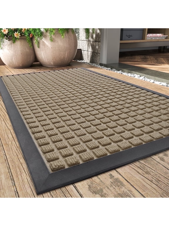 Outdoor Mat Non Slip Doormat 17"x30" Front Door Mat Outside Absorbent Rubber Welcome Mat Low Profile Dirt Trapper Indoor Outdoor Doormat Thicken Checker Entryway Rug Floor Mat Beige