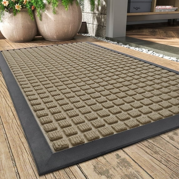 SIXHOME Outdoor Mat Non Slip Doormat 17"x30" Front Door Mat Outside Absorbent Rubber Welcome Mat Low Profile Dirt Trapper Indoor Outdoor Doormat Thicken Checker Entryway Rug Floor Mat Beige