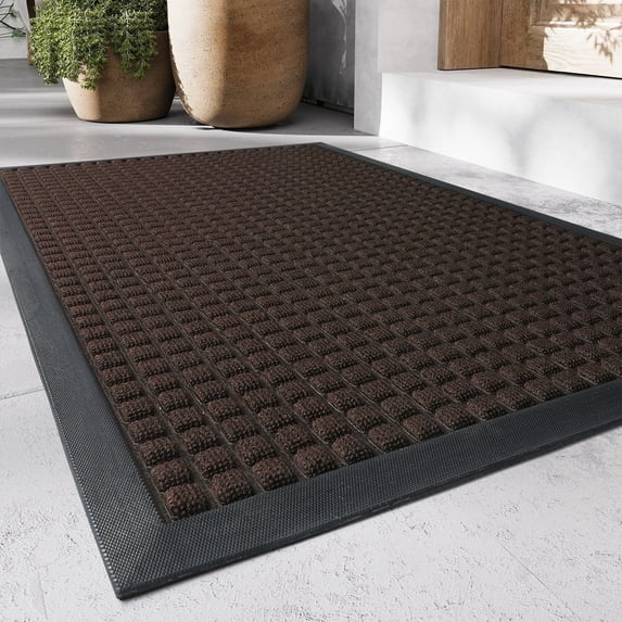 SIXHOME Outdoor Mat Non Slip Doormat 24"x35.5" Front Door Mat Outside Absorbent Rubber Welcome Mat Low Profile Dirt Trapper Indoor Outdoor Doormat Thicken Checker Entryway Rug Floor Mat Brown