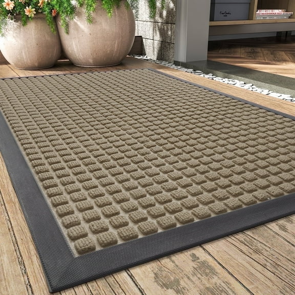 SIXHOME Outdoor Mat Non Slip Doormat 24"x35.5" Front Door Mat Outside Absorbent Rubber Welcome Mat Low Profile Dirt Trapper Indoor Outdoor Doormat Thicken Checker Entryway Rug Floor Mat Beige