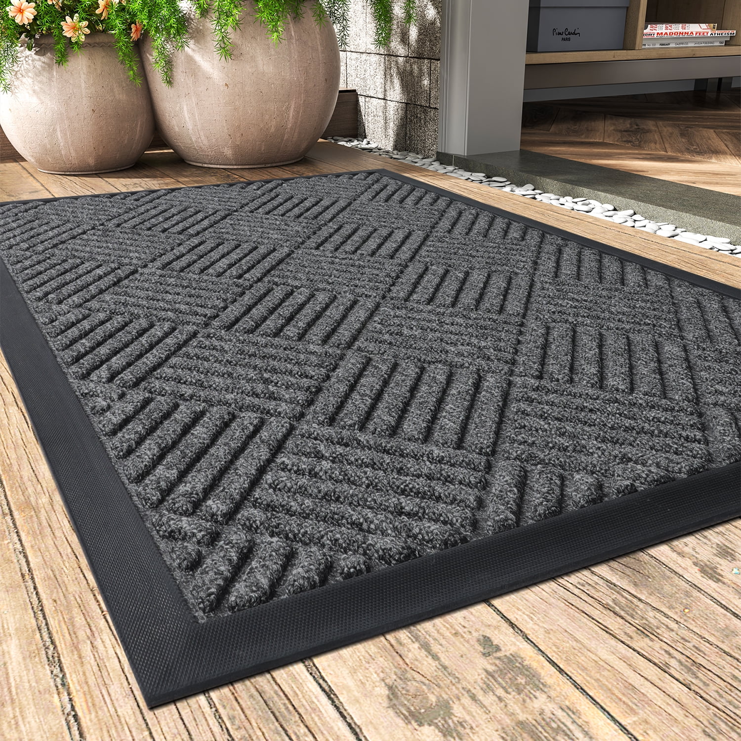 Front Door Mats Outdoor Large, Gray Non Slip Welcome Mat 50/ 60/ 80/ 100/  120 cm Wide, Inside Busy Areas All Weather Floor Mat Low Pile ( Size 