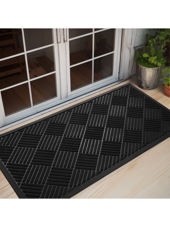 Outdoor Mat Non Slip Doormat 24"x47" Front Door Mat Outside Absorbent Rubber Welcome Mat Low Profile Dirt Trapper Indoor Outdoor Doormat Thicken Crosshatch Entryway Rug Floor Mat Black