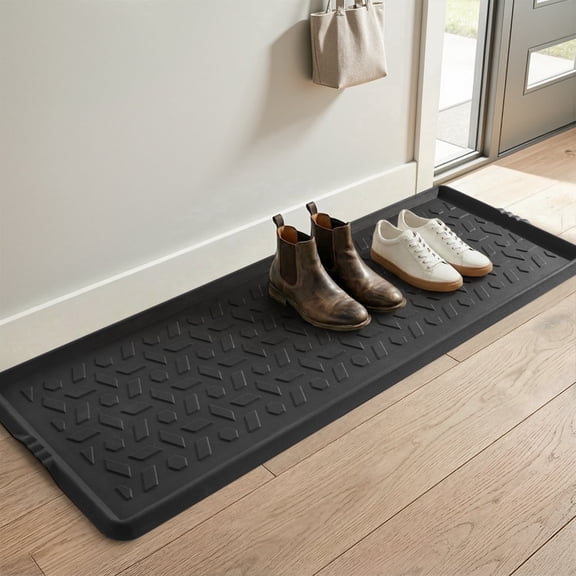 SIXHOME Heavy Duty Rubber Boot Tray Waterproof Non Slip Shoe Mat with Lip Durable Entryway Shoe Organizer Tray for Front Door Indoor Outdoor Muddy Shoes Storage 17“x47" Geometric Black