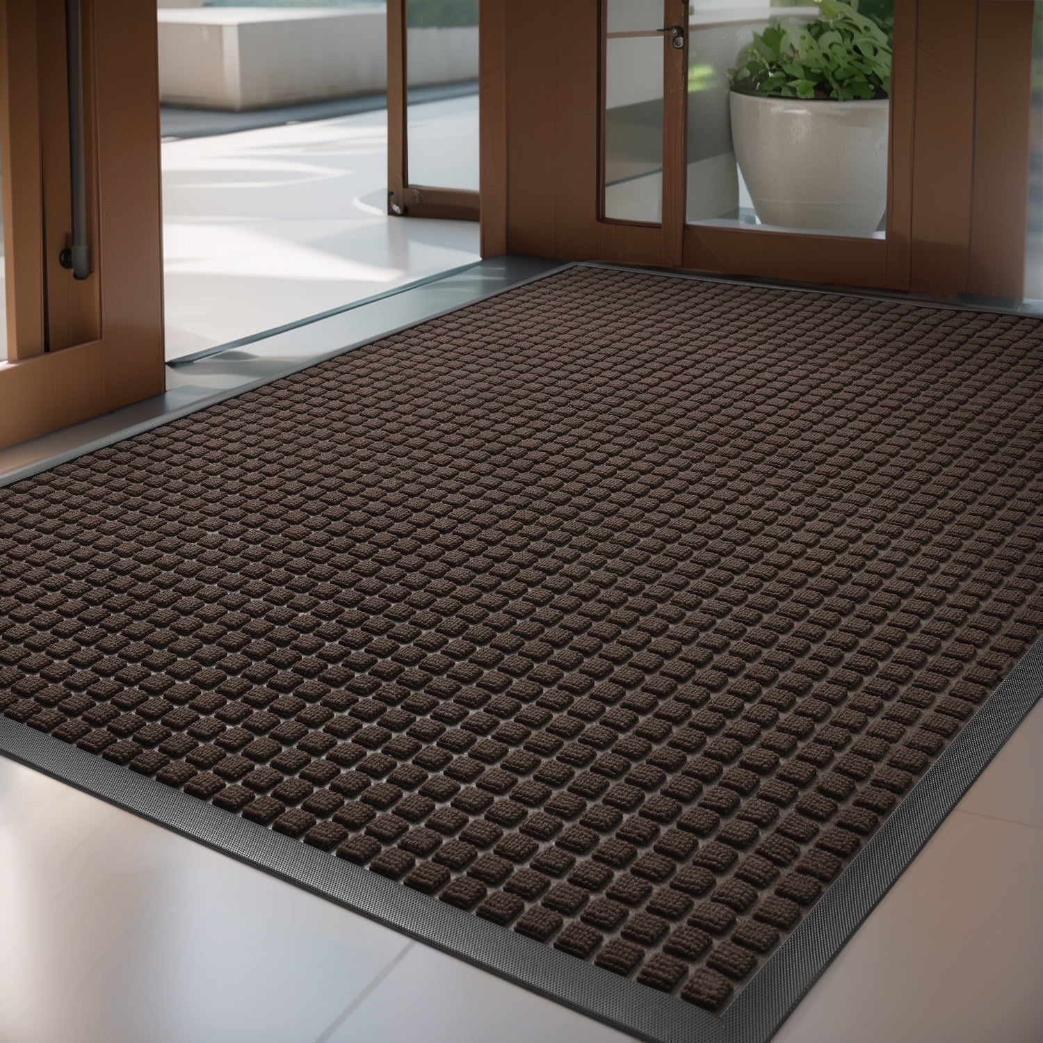 SIXHOME Outdoor Mat Non Slip Doormat 48"x71" Front Door Mat Outside Absorbent Rubber Welcome Mat Low Profile Dirt Trapper Indoor Outdoor Doormat Thicken Checker Entryway Rug Floor Mat Brown