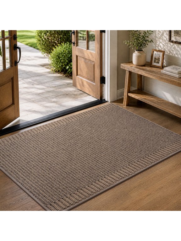 Door Mat 24"x47" Welcome Mat Non-Slip Absorbent Dirt Trapper Doormat Low Profile Floor Mat Indoor Outdoor Entryway Rug for Front Door Easy Clean Durable Neutral Home Decor Brown