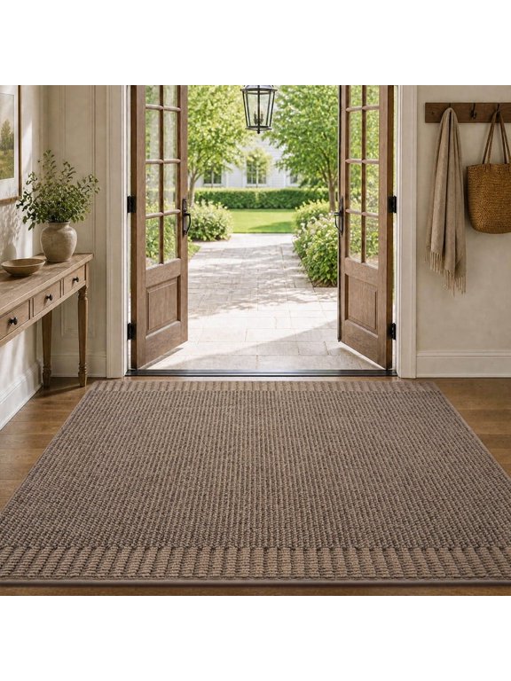 Door Mat 32"x47" Welcome Mat Non-Slip Absorbent Dirt Trapper Doormat Low Profile Floor Mat Indoor Outdoor Entryway Rug for Front Door Easy Clean Durable Neutral Home Decor Brown