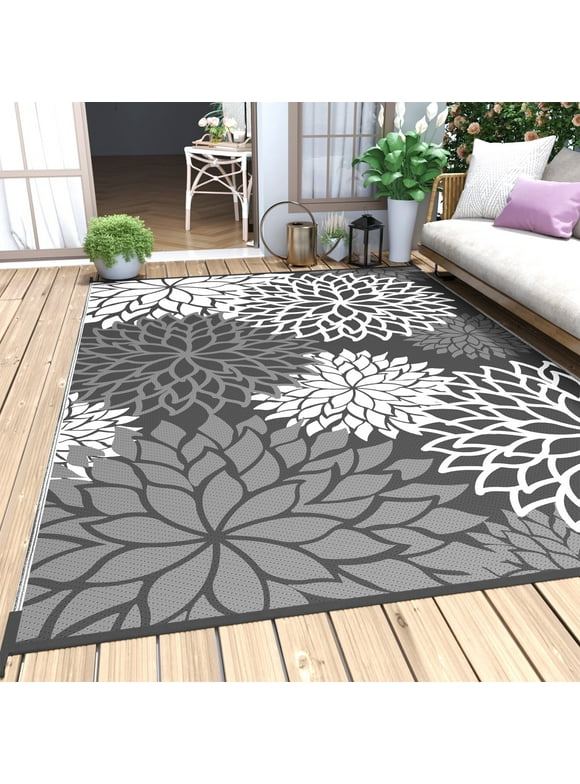 SIXHOME Outdoor Rug 5'x8' Waterproof Patio Rug Floral Reversible Plastic Straw Indoor Outdoor Rug for RV Camping Garden Picnic Beach Deck Backyard Porch Decor Grey and White