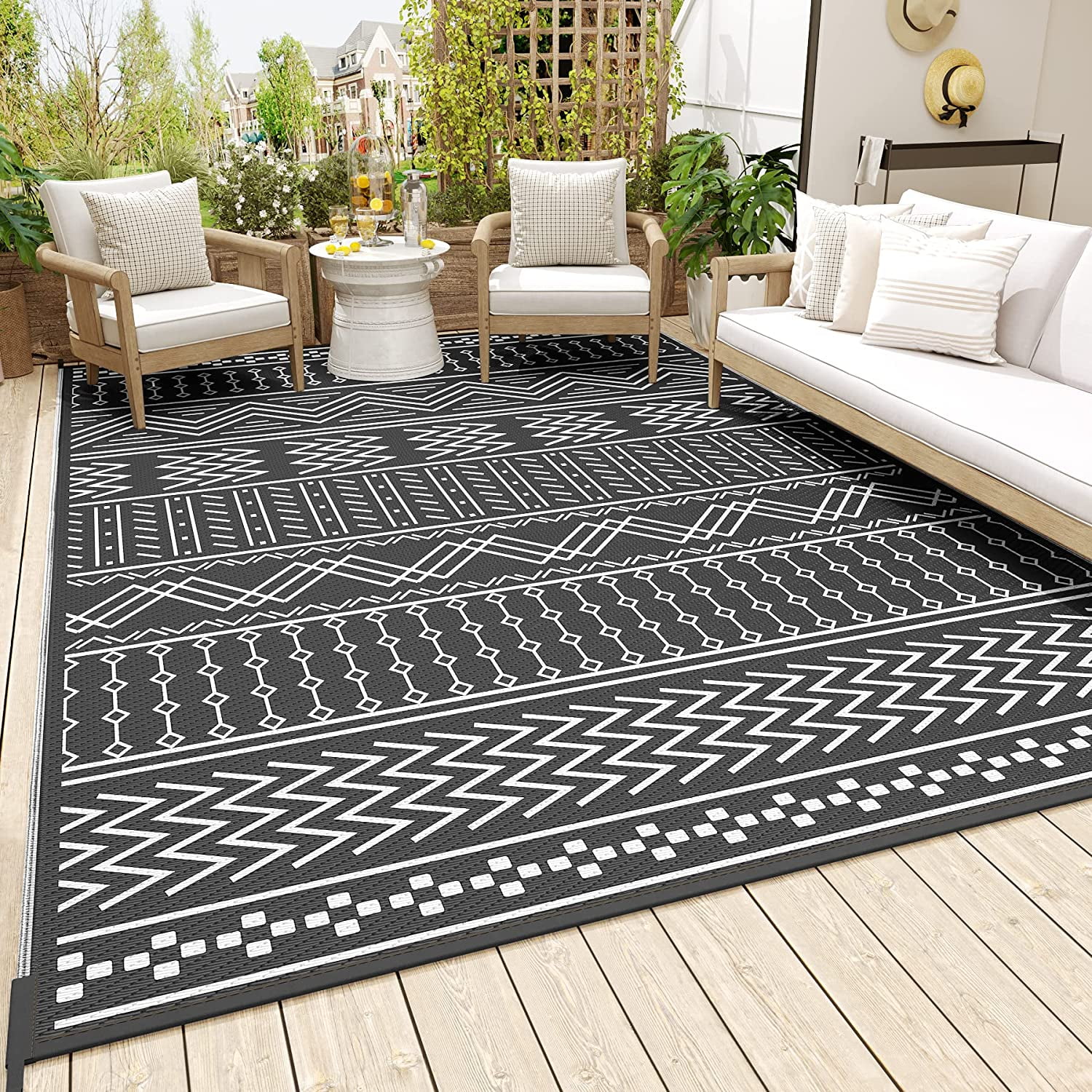 SIXHOME Outdoor Rug 5'x8' Waterproof Patio Rug Reversible Indoor Outdoor Rug Lightweight Plastic Straw Rug for RV Camping Deck Balcony Boho Porch Decor Black and White