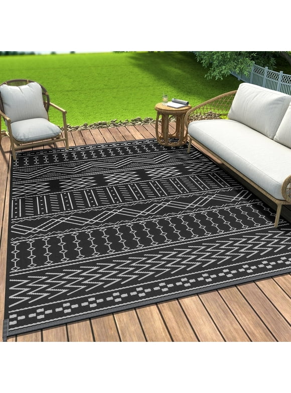SIXHOME Outdoor Rug 5'x8' Waterproof Patio Rug Reversible Indoor Outdoor Rug Lightweight Plastic Straw Rug for RV Camping Deck Balcony Boho Porch Decor Dark Grey and White