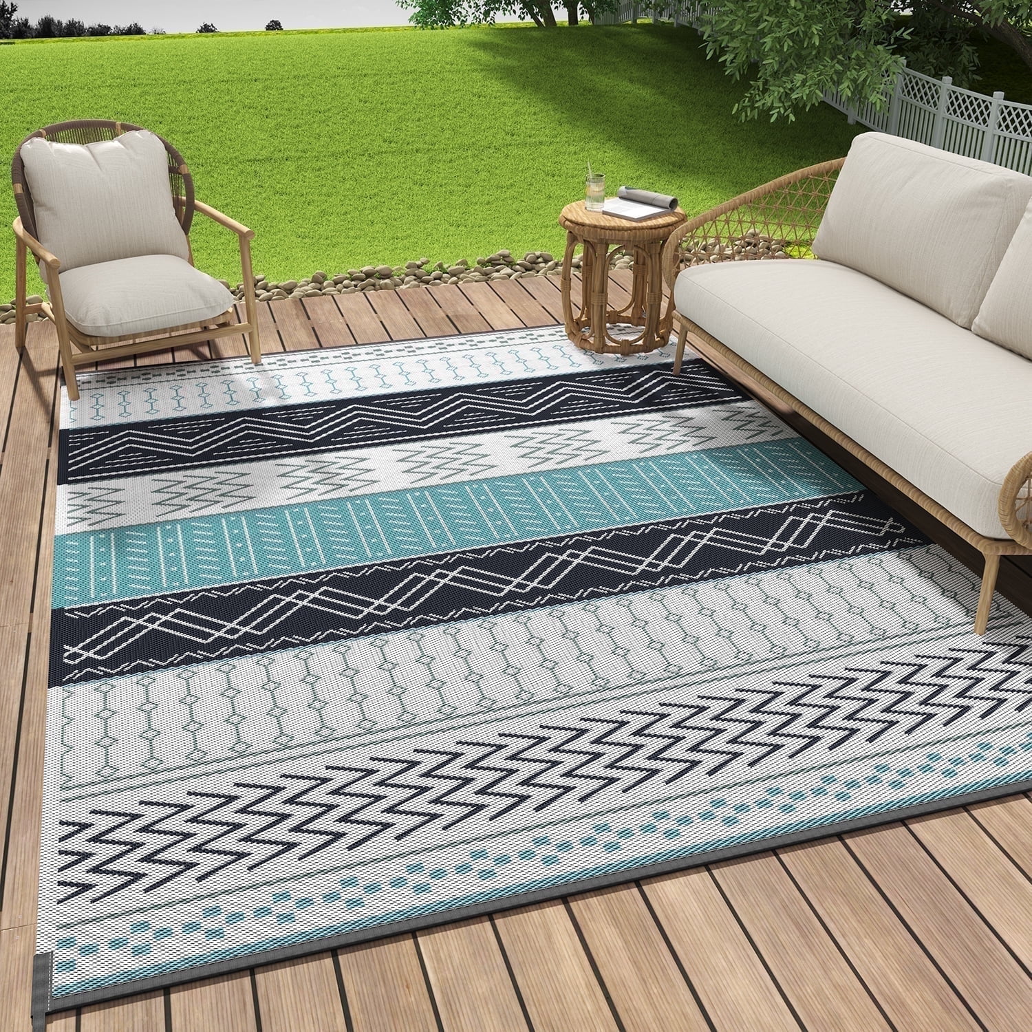 SIXHOME Outdoor Rug 5'x8' Waterproof Patio Rug Colorful Reversible Indoor Outdoor Rug Lightweight Plastic Straw Rug for RV Camping Deck Balcony Boho Porch Decor Blue and White