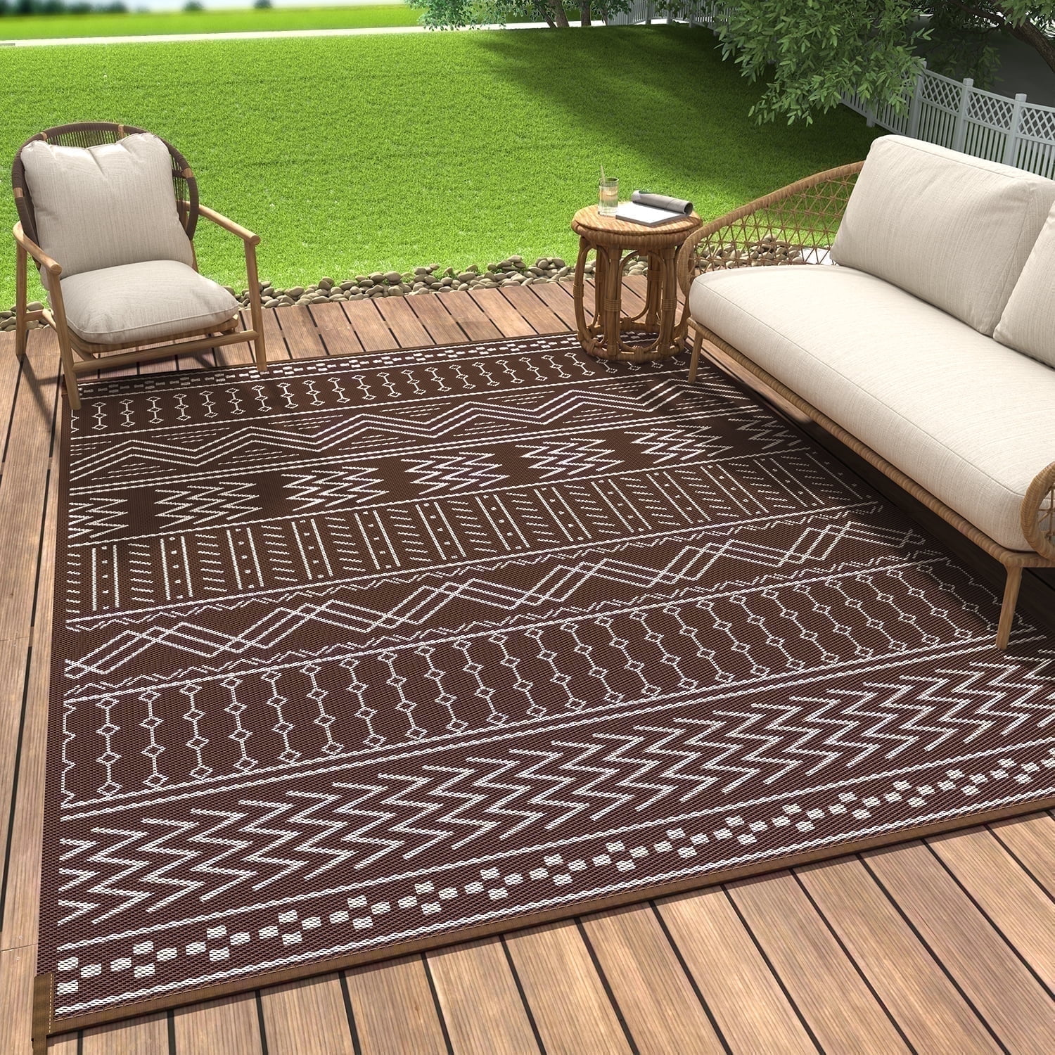 SIXHOME Outdoor Rug 5'x8' Waterproof Patio Rug Reversible Indoor Outdoor Rug Lightweight Plastic Straw Rug for RV Camping Deck Balcony Boho Porch Decor Beige and Brown