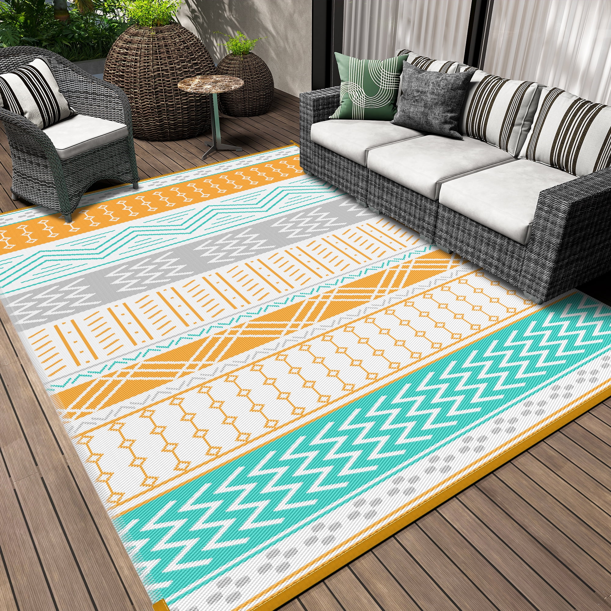 SIXHOME Outdoor Rug 5'x8' Waterproof Patio Rug Reversible Indoor Outdoor Rug Lightweight Plastic Straw Rug for RV Camping Deck Balcony Boho Porch Decor Blue and Orange