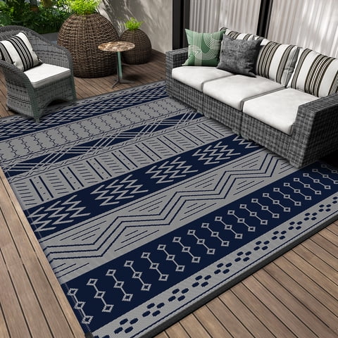 SIXHOME Outdoor Rug 5'x8' Waterproof Patio Rug Reversible Indoor Outdoor Rug Lightweight Plastic Straw Rug for RV Camping Deck Balcony Boho Porch Decor Blue and Gray
