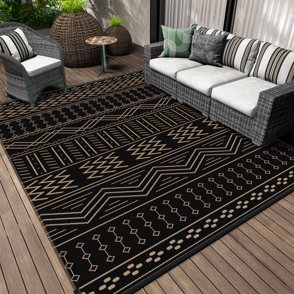 SIXHOME Outdoor Rug 5'x8' Waterproof Patio Rug Reversible Indoor Outdoor Rug Lightweight Plastic Straw Rug for RV Camping Deck Balcony Boho Porch Decor Black and Brown