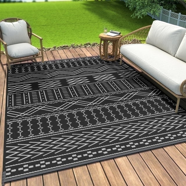 SIXHOME Outdoor Rug 5 x8 Waterproof Reversible Patio Plastic Straw Lightweight Indoor RV Camping Deck Balcony Boho Porch Decor Black White