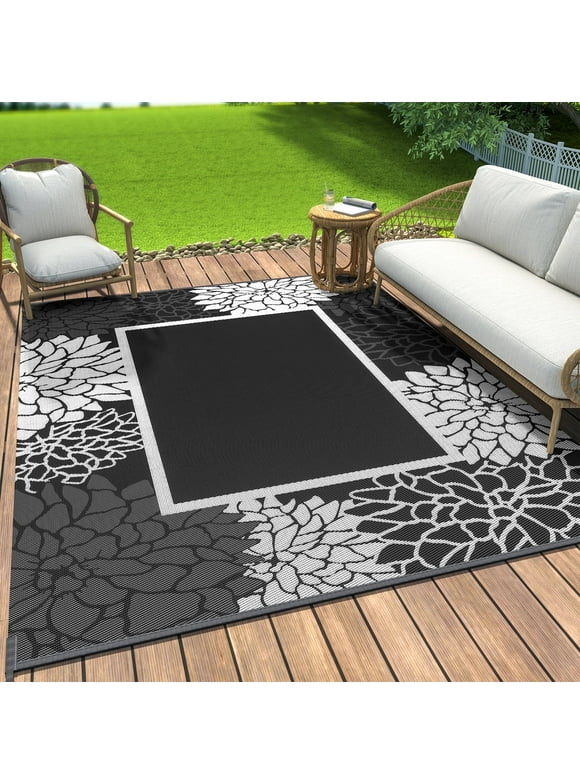 SIXHOME Outdoor Rug 5'x8' Waterproof Reversible Patio Rug Floral Border Plastic Straw Indoor Outdoor Rug for RV Camping Garden Picnic Beach Deck Backyard Porch Decor Grey and White