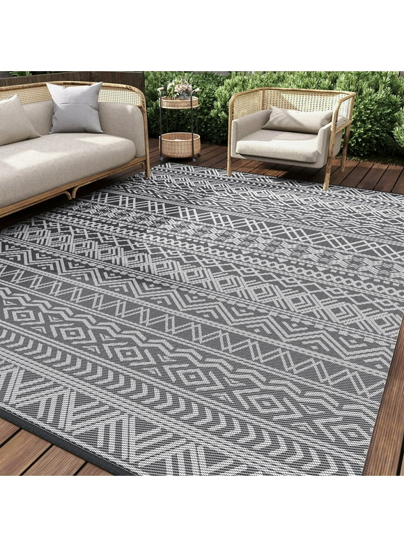 SIXHOME Outdoor Rug 5'x8' Waterproof Reversible Patio Rug Plastic Straw Lightweight Indoor Outdoor Rug for RV Camping Deck Balcony Boho Porch Decor Grey and White