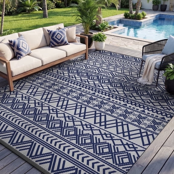 SIXHOME Outdoor Rug 5'x8' Waterproof Reversible Patio Rug Boho Geometric Indoor Outdoor Rugs Lightweight Plastic Straw Ourdoor Carpet for RV Camping Deck Balcony Modern Porch Decor Blue and Gray