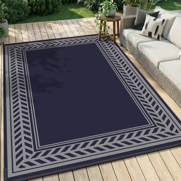 SIXHOME Outdoor Rug 5'x8' Waterproof Reversible Patio Rug Boho Geometric Indoor Outdoor Rugs Lightweight Plastic Straw Ourdoor Carpet for RV Camping Deck Balcony Modern Porch Decor Blue and Gray