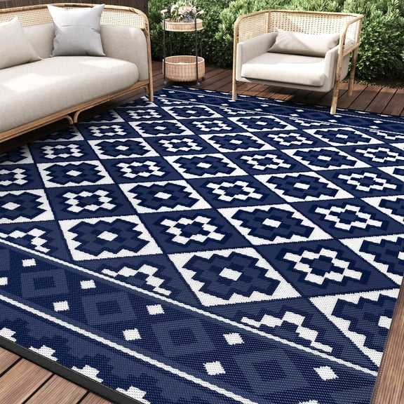 SIXHOME Outdoor Rug 5'x8' Waterproof Reversible Patio Rug Boho Geometric Indoor Outdoor Rugs Lightweight Plastic Straw Ourdoor Carpet for RV Camping Deck Balcony Modern Porch Decor Blue