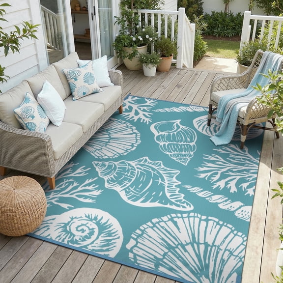 SIXHOME 5'x8' Waterproof Reversible Outdoor Rug, Coastal Ocean-Inspired Patio Rug, Lightweight Woven Plastic Carpet for RV, Camping, Deck & Balcony, Teal