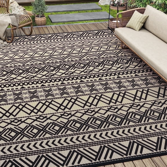 SIXHOME Outdoor Rug 5'x8' Waterproof Reversible Patio Rug Boho Geometric Indoor Outdoor Rugs Lightweight Plastic Straw Ourdoor Carpet for RV Camping Deck Balcony Modern Porch Decor Black and Beige