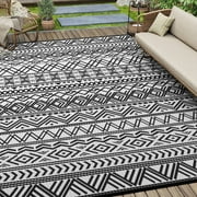 SIXHOME Outdoor Rug 5'x8' Waterproof Reversible Patio Rug Boho Geometric Indoor Outdoor Rugs Lightweight Plastic Straw Ourdoor Carpet for RV Camping Deck Balcony Modern Porch Decor Black and White